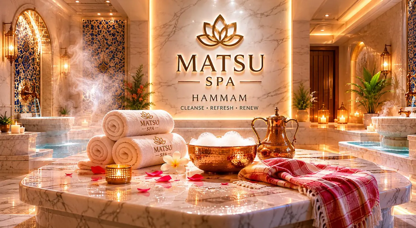 Matsu Spa Türk Hamamı — mermer göbektaşı, bakır hamam tasları ve peştemallar