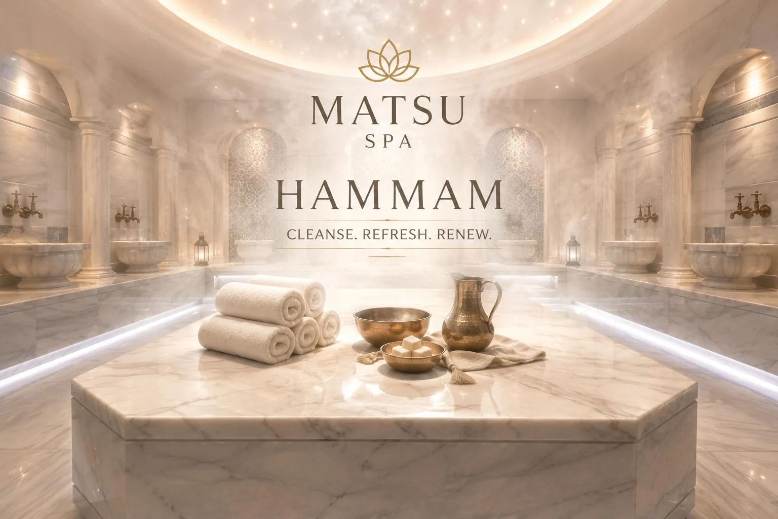 Matsu Spa Hamamı iç mekân — sıcak altın ışık, mermer kurnalar ve geleneksel bakır ibrik
